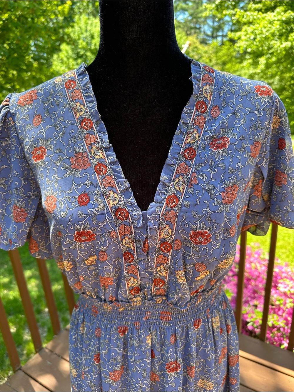 Max Studio Floral V-Neck Maxi Dress in Blue and Orange - Picture 3 of 5
